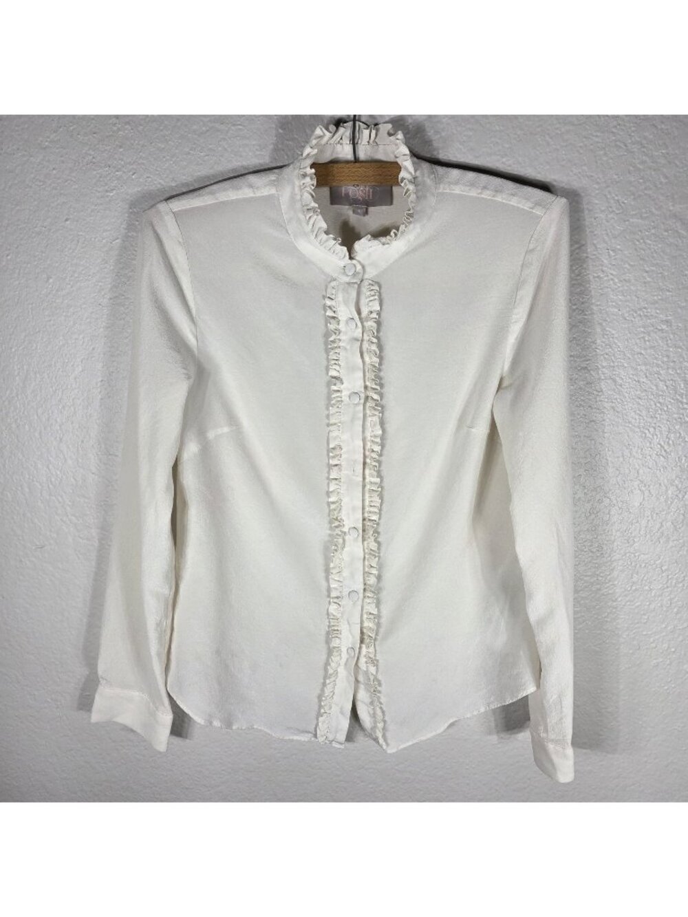 Cold Posh 100% Silk Ivory Ruffle Blouse Long Sleeve Button-Down Shirt S